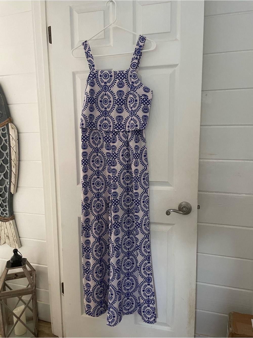 Blue & White Wide-Leg Jumpsuit - Sleeveless Printed Jumpsuit